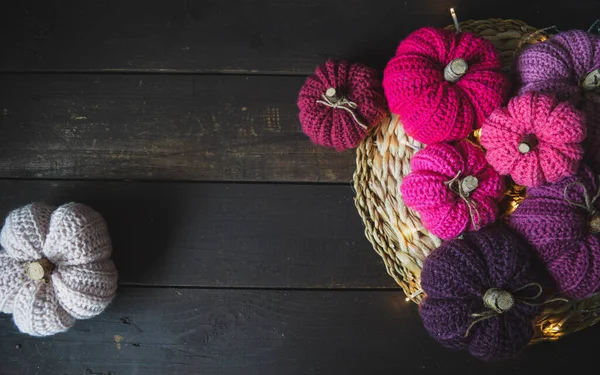 Pink Colored Crochet Pumpkins Dark Brown Wooden Ground Fall Background — Stock Photo, Image