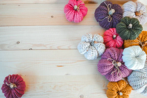 Colorful Handmade Crochet Pumpkins Light Wooden Ground Space Text Fall — Stock Photo, Image