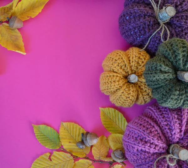 Hojas Otoño Colorido Con Calabazas Ganchillo Hechas Mano Suelo Color —  Fotos de Stock