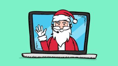 Bilgisayarında kulaklık olan Noel Baba 'nın el çizimi çizimi. Çizim biçiminde renkli illüstrasyon.
