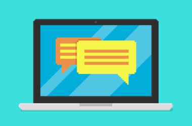 Ekranda sohbet uygulaması olan dizüstü bilgisayarın pikselli sanat vektörü çizimi