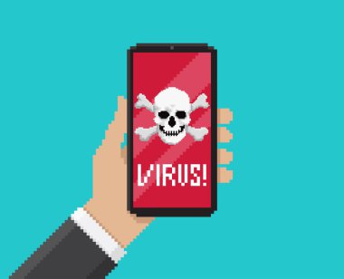 Piksel resim, el ele tutuşmanın vektör çizimi ve ekranda virüs bildirimi