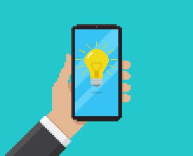 Ekranda fikir ampulüyle el ele tutuşmanın pikselli sanat vektör çizimi. Dijital uygulama, ekranda.