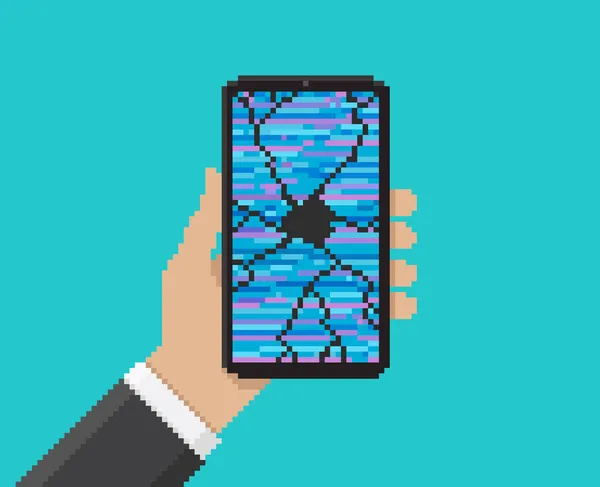 Piksel resim, el ele tutuşmanın vektör çizimi bozuk ekranlı akıllı telefon hasarı. Modern tasarım mobil.