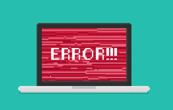 Piksel resim, ekranda hata mesajı olan dizüstü bilgisayarın vektör çizimi. Laptop ekranı çok kötü hasar görmüş ve üzerinde yazıdan başka bir şey görünmüyor..