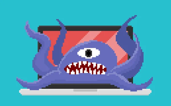 Pixel Art Vector Computer Virus Attacking Laptop One Eyed Monster — Stock Vector