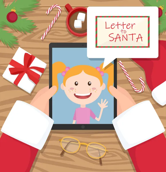 Papai Noel Está Segurando Tablet Conversando Com Jovem Uma Carta —  Vetores de Stock
