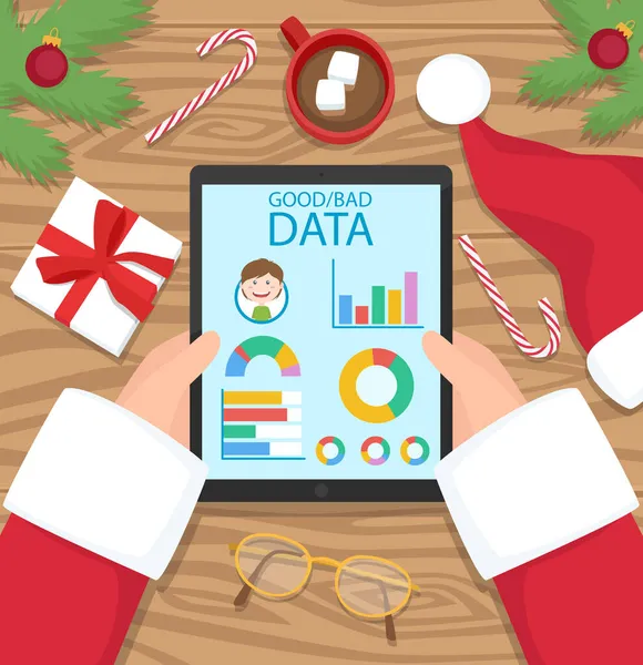 Papai Noel Está Segurando Tablet Observando Dados Comportamento Menino Houvesse —  Vetores de Stock