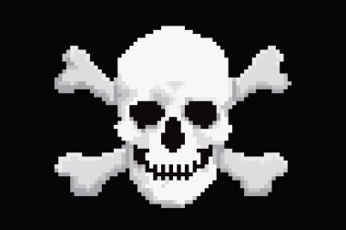 Siyah arkaplan üzerindeki kafatası sembolünün pikselsel sanat vektörü çizimi.