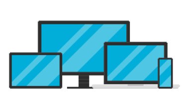Bilgisayarın, tabletin, monitörün ve akıllı telefonun pikselli resim çizimi. Nesneler beyaz arkaplanda izole edilmiştir.
