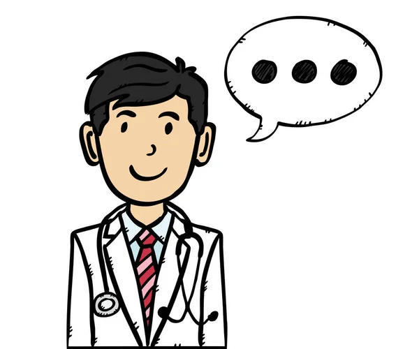 Ilustración Doodle Del Doctor Con Nube Parlante Del Cómic Colorida — Vector de stock