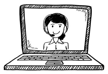 Çizgi film stili karalama. Müşteri hizmetlerinde çalışan kadın defter ekranında görünüyor. El çizimi karalama vektörü çizimi.