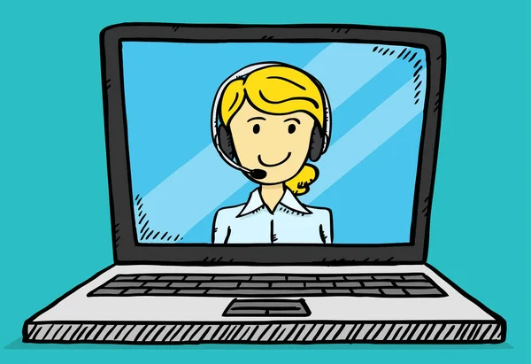 Laptop Ekranındaki Mutlu Sarışın Müşteri Hizmetleri Kadınıyla Görüntülü Konuşma Çizgi — Stok Vektör