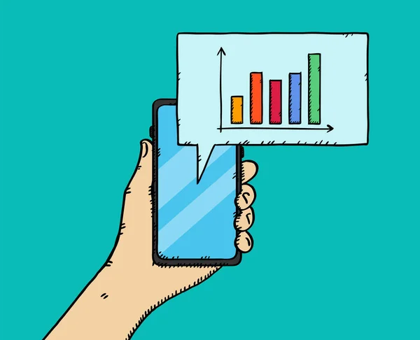 Doodle Vector Illustration Hand Holding Smartphone Data Chart Showing Screen — Stock Vector