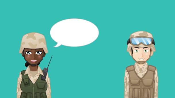 Konuşan Köpüklü Asker Avatarlarının Çizgi Film Animasyonu Baloncuklar Doldurulmaya Hazır — Stok video