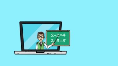 Karalama animasyonu çevrimiçi öğrenmeyi gösteriyor. Öğretmen ve karatahta dizüstü bilgisayar ekranında görünüyor. Canlandırmayı düzenlemek kolaydır..