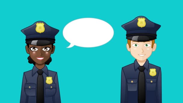 Cartoon Animatie Van Politieagenten Met Pratende Bellen Eenvoudig Bewerken Looping — Stockvideo