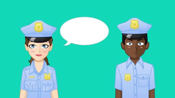 Animación Dibujos Animados Oficiales Policía Avatares Con Burbujas Parlantes Las — Vídeos de Stock