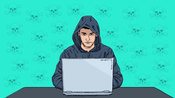 Animazione Dei Cartoni Animati Hacker Seduto Lavorare Fronte Computer Portatile — Video Stock