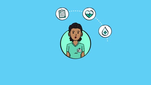 Animação Vídeo Uma Enfermeira Avatar Feliz Falando Com Ícones Médicos — Vídeo de Stock