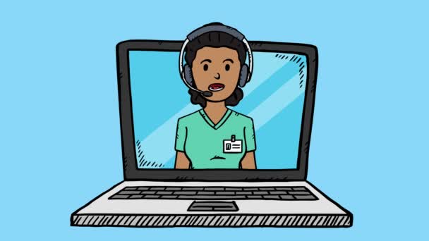 Βίντεο Animation Ευτυχισμένη Γυναίκα Νοσοκόμα Δείχνει Στην Οθόνη Του Φορητού — Αρχείο Βίντεο