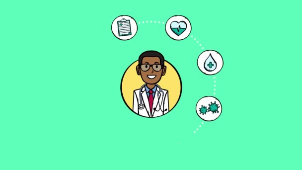 Animación Del Doctor Avatar Hablando Con Iconos Médicos Apareciendo Alrededor — Vídeos de Stock