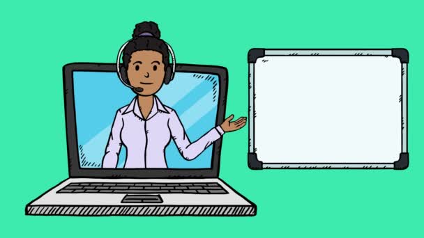 Animasi Wanita Dengan Headset Dan Flip Chart Yang Ditampilkan Layar — Stok Video