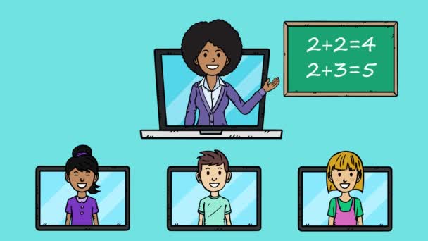Çevrimiçi Eğitimin Karalama Animasyonu Çocuklar Tablet Ekranlarda Gösteriyorlar Öğretmen Dizüstü — Stok video