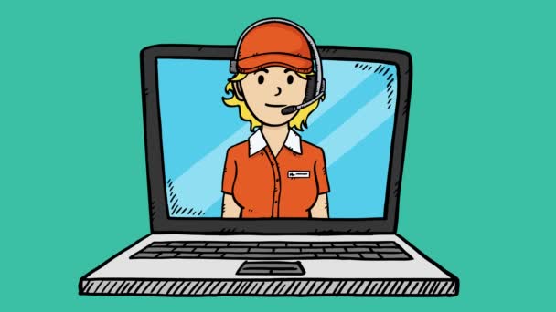Rajzfilm Stílusú Animáció Boldog Gyorsétterem Dolgozó Headset Mutatja Laptop Képernyőjén — Stock videók