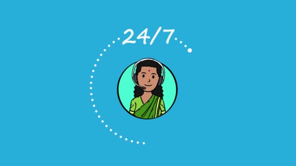 Animação Desenhos Animados Mulheres Indianas Apoio Cliente Com Fone Ouvido — Vídeo de Stock