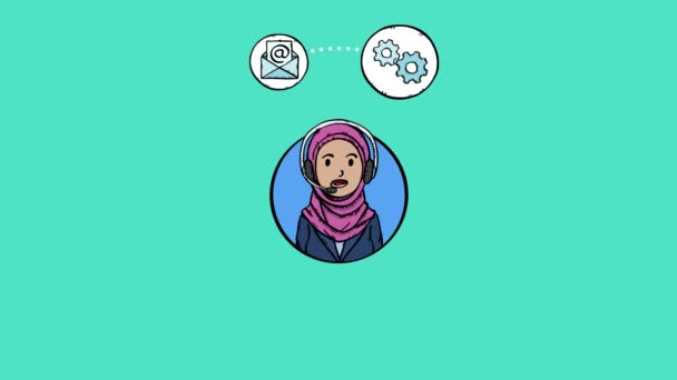 Arap Müşteri Hizmetleri Kadın Avatarının Karalama Animasyonu Etrafında Simgeleri Var — Stok video