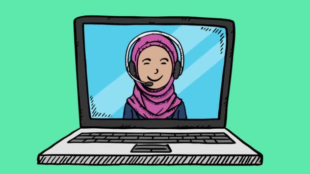 ラップトップ画面に表示されるアラビア語のカスタマーサービス女性の人形アニメーション 音声ループの編集が簡単 — ストック動画