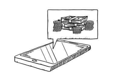 Üzerinde para ve banknotlar olan bir telefon ve karikatür bulutunun çizimi.