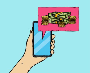 El cep telefonunu elinde tutuyor. Çizgi roman baloncuğunda para yığını görünüyor..