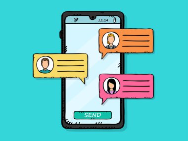 İnsanlarla mobil SMS konuşmalarının el çizimi çizimi. Karalama tarzı vektörü.