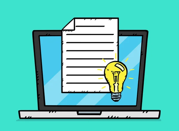 ノートパソコンの画面に表示されるアイデア電球と文書の手描きイラスト ドードルベクトルファイル — ストックベクタ