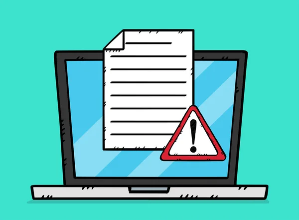 ノートパソコン画面に警告サイン付きテキスト文書のベクトルスケッチスタイルのイラスト 手描きのドアスタイルファイル — ストックベクタ