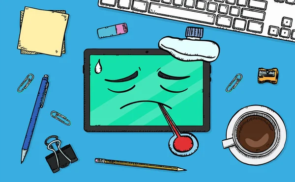 Laptop 140 Sick Kolor Desk Epsszínes Doodle Illusztráció Beteg Tabletta — Stock Vector