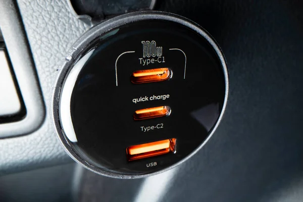 Close View Powerful Car Charger Usb Type Type Ports Shot — Stock Photo, Image
