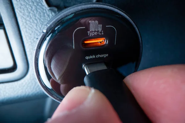 Close View Plugging Usb Type Cable Powerful Car Charger Shot — Stock Photo, Image