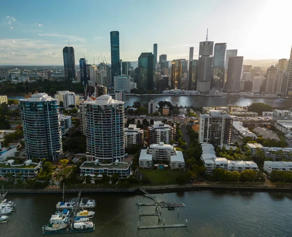 Aerial view of apartment building and Brisbane CBD in Australia