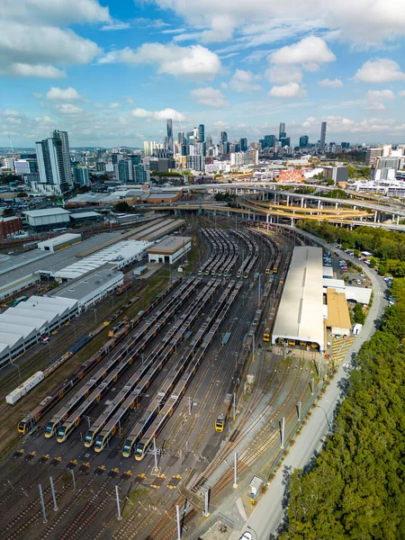 Aerial vertical view of train depot in Brisbane, Australia