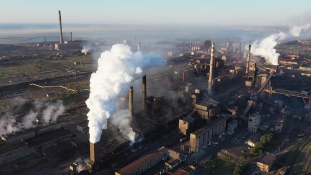 Drone Shot Industrial Zone Thick Smog Burning Fossil Fuels Steel — Stock Video