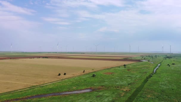 Ветряные Турбины Высоты Птичьего Полета Ветряные Мельницы Расположены Среди Сельскохозяйственных — стоковое видео