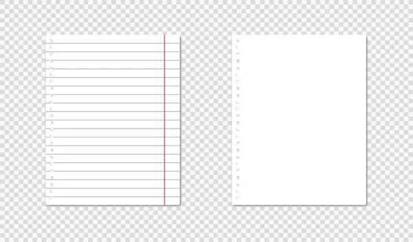 Hojas de papel forrado de cuaderno o copybook. Hoja de papel vectorial realista de líneas y páginas de bloc de notas en blanco aisladas sobre fondo transparente — Vector de stock