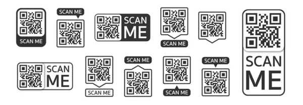 QR code set. Template of frames with text - scan me and QR code for smartphone, mobile app, payment and discounts. Quick Response codes.