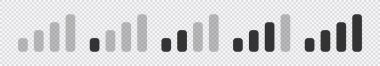 Mobile signal level icon set. Set with signal strength on transparent background. Communication icon symbol. Communication icon set. Symbol, sign. Status bar icon. Wireless communication.