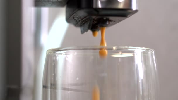 Kaffeestrom aus professioneller Maschine in Tasse gießen. — Stockvideo