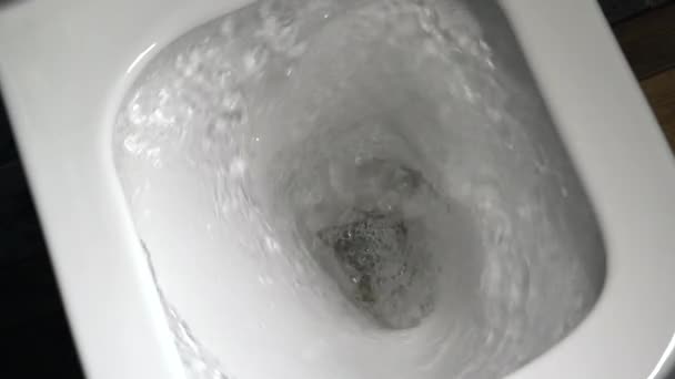 Spoltoalett. Vattnet sköljer toaletten. Vattenbesparande koncept. Långsamma rörelser — Stockvideo