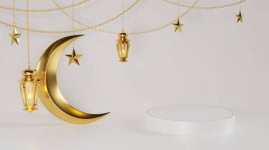 Ramazan Kareem şablonu Arap fenerleri ve ay ile selamlıyor. Reklam ürünleri için arka planda duran podyum - kartlar için 3D resimleme, selamlar.